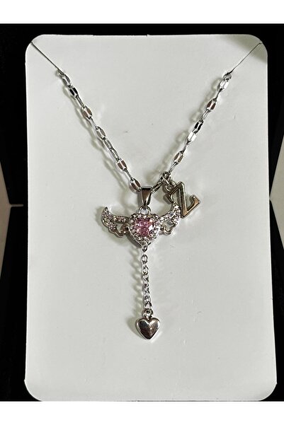 bijoux uniques çelik pembe kalpli melek kanadı harfli kolye