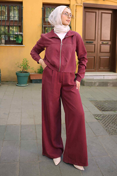 İmajButik Burgundski set jakne sa rajsferšlusom i pantalona od tencela
