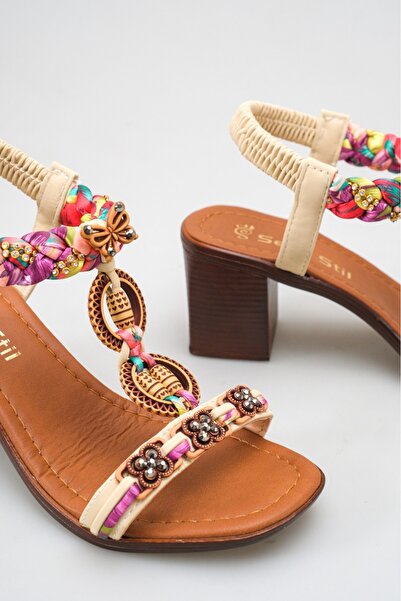 SNİCKER Women's Comfortable Sandals with Bead and Colorful Knit Detail, Stone...