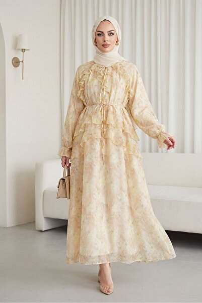 Modamorfo Lined Chiffon Dress with Lace-Up Collar, Elastic Sleeves, and Ruffl...