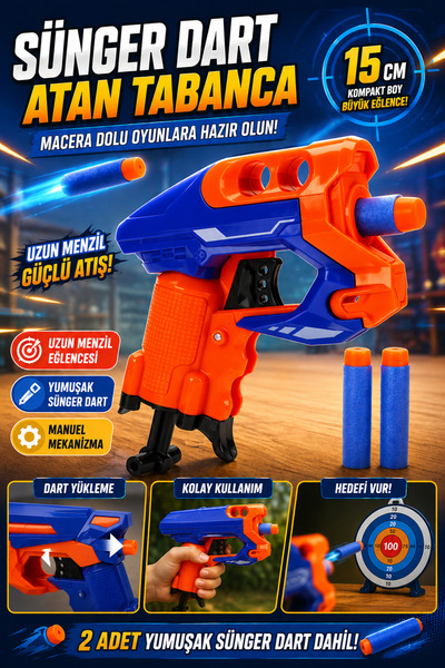 Tamsena Store Sünger Dart Atan Mini Oyuncak Tabanca 15 Cm Yumuşak Mermili Eğl...