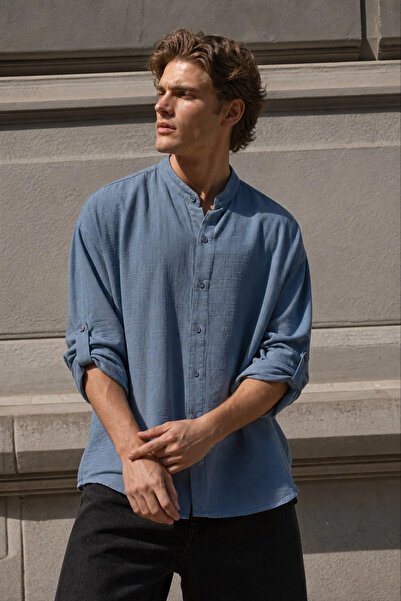 MADZEYMODA Men's Long Sleeve Muslin Shirt with Stand Collar Comfortable Fit S...