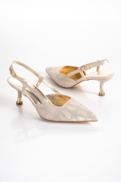 Floransa Stone Embellished 5 cm Style Heeled Evening Dress Shoes Gold Satin