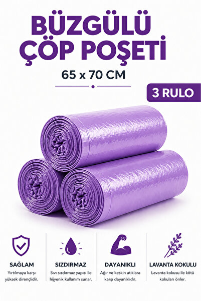 MSE HOLD Büzgülü Çöp Poşeti Lavanta Kokulu 65×70 cm Büyük Boy 3 Rulo Dayanıkl...