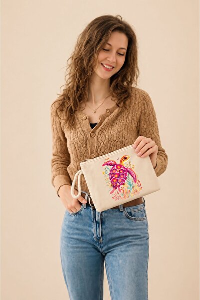 TexKid Pembe Kaplumbağa Yosun Tasarımlı Clutch Hediye Clutch/Makyaj/El Çantası
