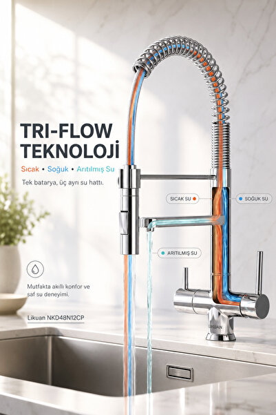 LİKUAN hardware Nkd48N12Cp 3-Way Spiral Pull-Down Purified Kitchen Faucet Chr...