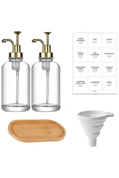 Arabest 2-Piece 500ml Syrup Dispenser,Glass Bottle,Pump,Bamboo Tray,Funnel fo...