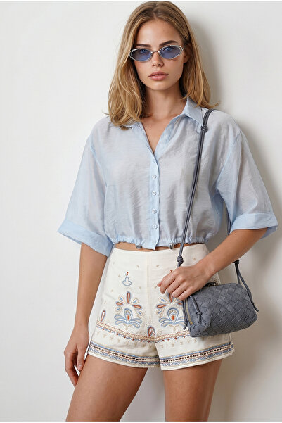 Olalook Women's Baby Blue Six Gathered Wrinkled Transparent Crop Shirt Gml-19...