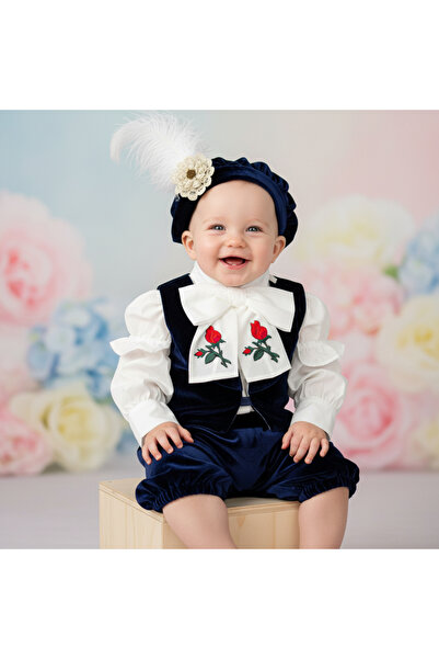 Andreeatex Costum botez catifea - „Prinț Louis” - Bleumarin