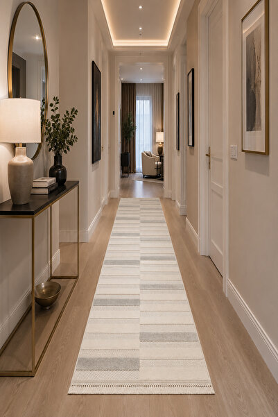 HEDYA HOME Modern Çizgili Yolluk Halı Krem Gri Dekoratif Makine Halısı Salon ...