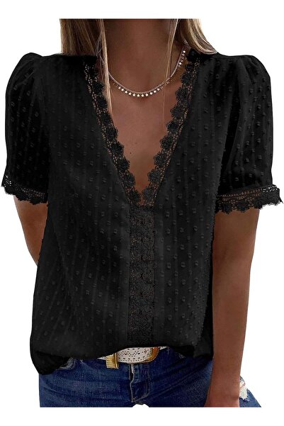 Dokotoo Bluză de damă elegantă, stil boho, cu dantelă, decolteu în V, tip tun...