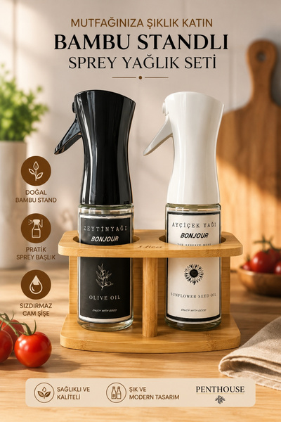 Penthouse Bambu Standlı 2’li Sprey Yağ Şişesi Seti 225 ML Cam Yağdanlık Organ...