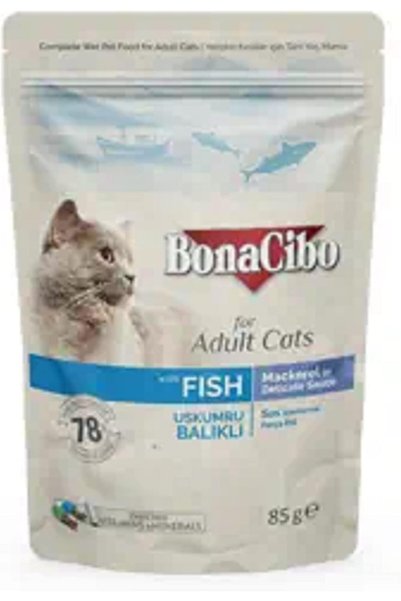 Yıldızan zkra shop BonaCibo Soslu Uskumru-Balıklı Pouch Yetişkin Kedi Yaş Maması 85 Gr X 12 Adet 1053162