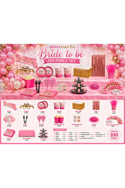 Dizayn Parti Evi Bride To Be 100 Parça Parti Seti Pembe Gold Bekarlığa Veda M...