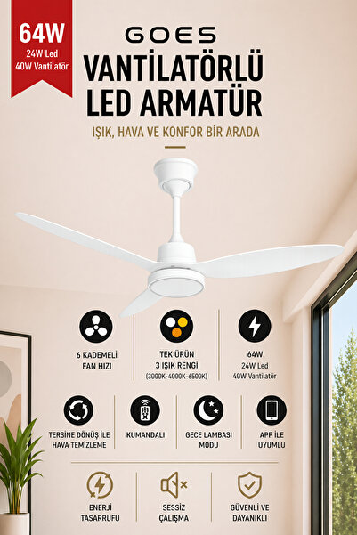 Goes Büyük Boy Tavan Vantilatörü LED Avize 132CM 65 Watt 6 Kademeli Kumandalı...