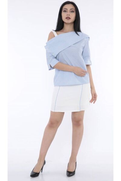 FIRST STYLE Elegant Turkish Tayor Set with White and Light Blue Striped Blous...