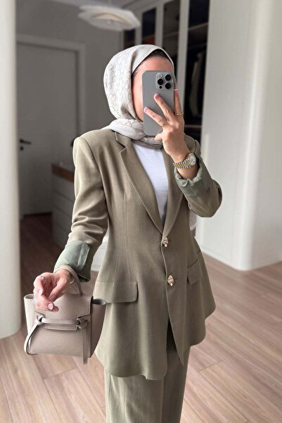 Ka Hijab Gold Düğme Ceketli Keten Takım - Haki
