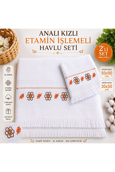 SOFT ÇEYİZCİ ANNE 2’li Analı Kızlı Kadife Etamin El İşlemeli Havlu Seti 50x90...