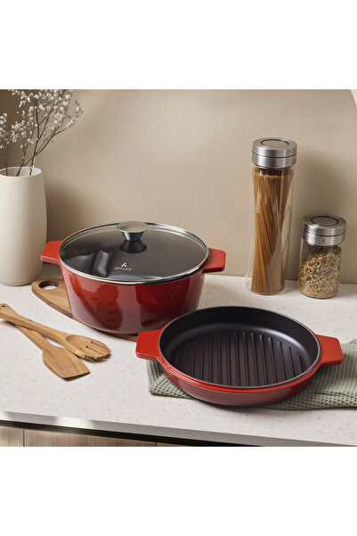 Aryıldız Duo Cast Iron Pot/Double Handle Pan Red 28cm