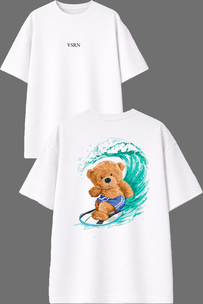 VSRN Tricou oversize alb cu imprimeu față și spate, design Surfing Bear