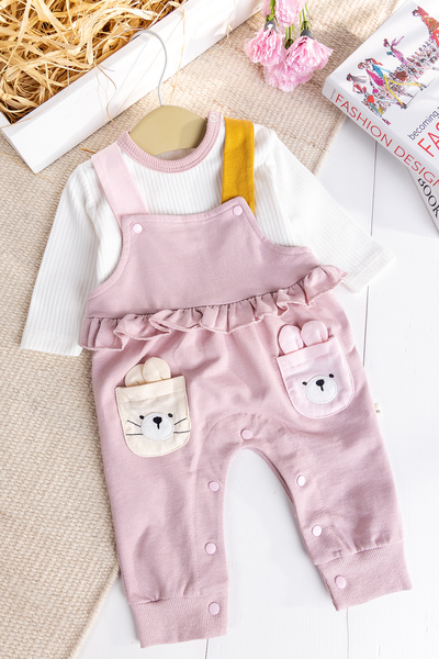 Babymod 100% Cotton Baby Girl Salopet with Rabbit Figure, 2-Piece Jumpsuit