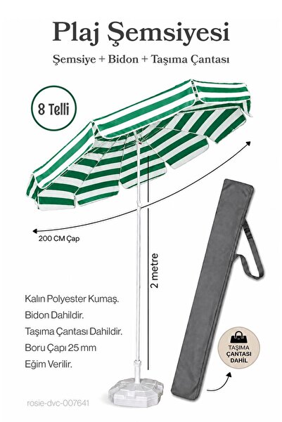 Düvenci Yeşil Beyaz 200 Çap / 8 Telli Plaj Şemsiyesi + Bidon + Taşıma Çantası...