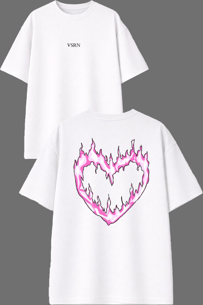 VSRN Tricou oversize alb cu imprimeu roz Heart Flame Design pe față și pe spate