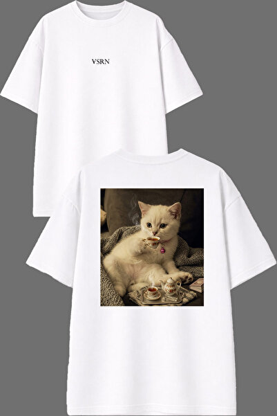 VSRN Tricou supradimensionat alb cu imprimeu față și spate cu design Pisică c...