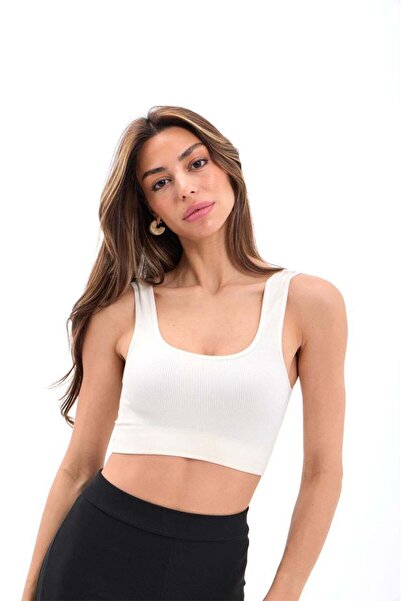 Büşra Ayhan Ecru Ribbed Crop Athlete Top-M-L