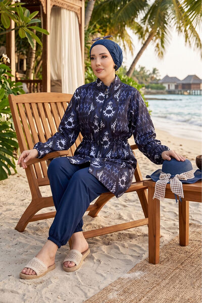 EBRUTESETTÜR Patterned, Adjustable Waist, Triple Hijab Swimsuit, Navy Blue