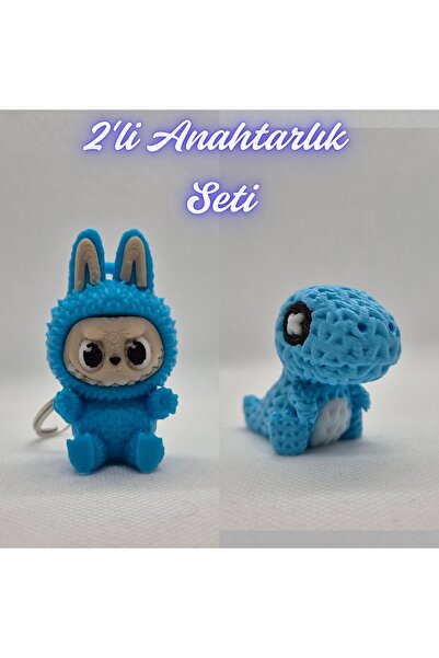 3DAtölyeMaker Light Blue Labubu and Light Blue Knitted Pattern Moving Dino Ke...