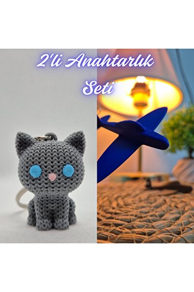 3DAtölyeMaker Silver Knitted Patterned Cat and Blue Airplane Keychain