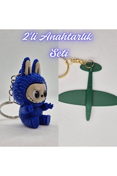 3DAtölyeMaker Blue Labubu and Dark Green Airplane Keychain
