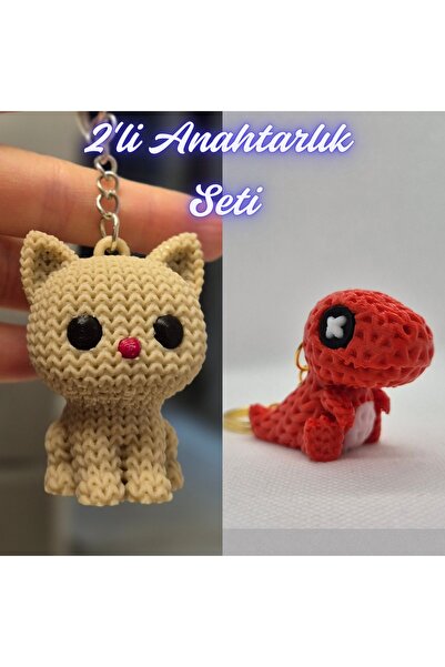 3DAtölyeMaker Cream Knitted Patterned Cat and Red Knitted Patterned Moving Di...