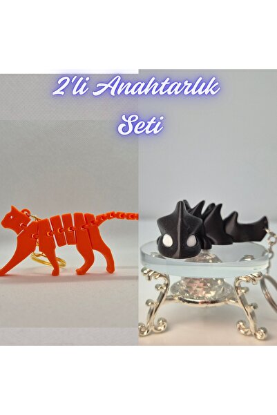 3DAtölyeMaker Orange Flexible Cat and Black Flexible Dragon Keychain
