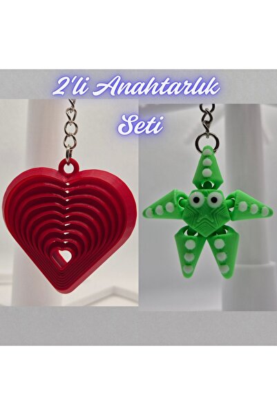 3DAtölyeMaker Fire Engine Red Moving Heart and Green Moving Starfish Keychain