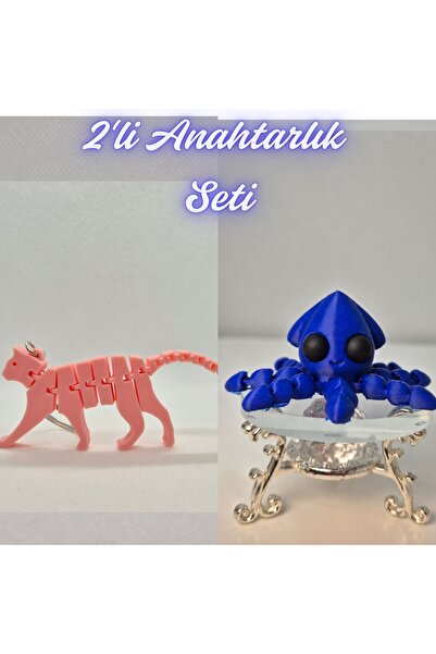 3DAtölyeMaker Light Pink Flexible Cat and Blue Squid Keychain
