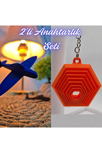 3DAtölyeMaker Blue Airplane and Orange Moving Hexagon Keychain