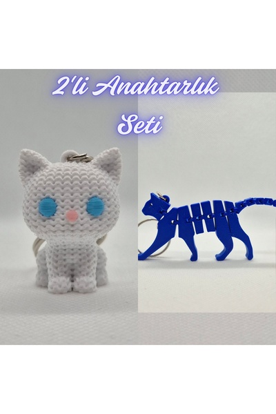 3DAtölyeMaker White Knitted Patterned Cat and Blue Flexible Cat Keychain