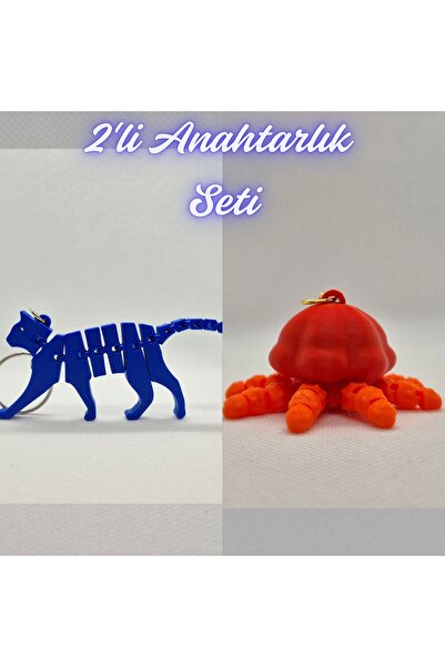 3DAtölyeMaker Blue Flexible Cat and Orange Moving Jellyfish Keychain