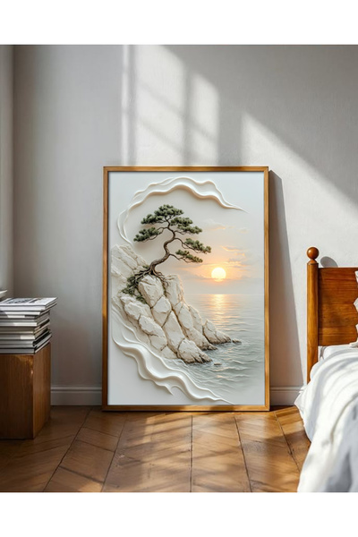 alphobitasarım İskandinav Tarz Minimalist Deniz ve Ağaç Temalı Ahşap Çerçevel...