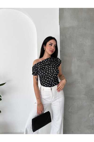 heree Asymmetric Collar Polka Dot Draped Blouse