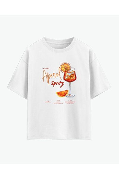 HepsitrentStore Aperol Spritz Printed White Oversize T-Shirt