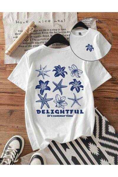 LELVANİ Women's Its Summer Time Delightful Sea Shell Printed T-Shirt White
