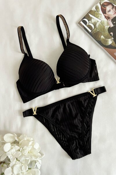 lamelif Shoulder Stone V Detail Bra Set Black
