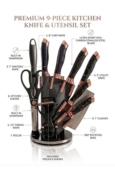 Trend Harbour 9-Piece Kitchen Knife Set | Rotating Stand & Built-in Sharpener | Stainless Steel Chef Knife