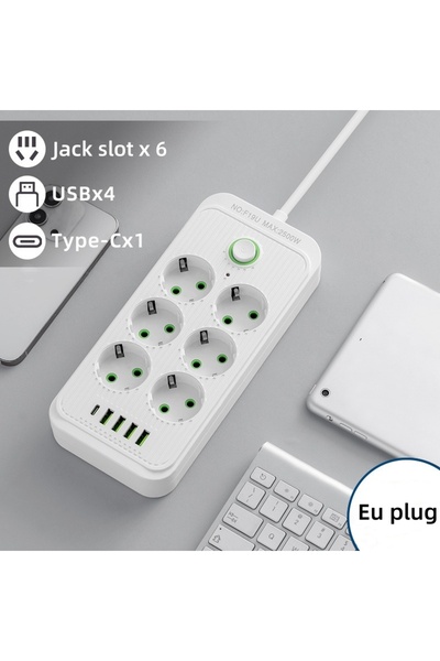 choice2 White 6 jacks Power Strip with 2M Extension Cord 6/8 EU Holes 4USB Ty...