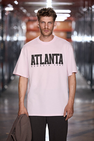 GRIMELANGE ATLANTA Erkek %100 Pamuklu Kısa Kollu Baskı Detaylı Koyu Pembe T-S...
