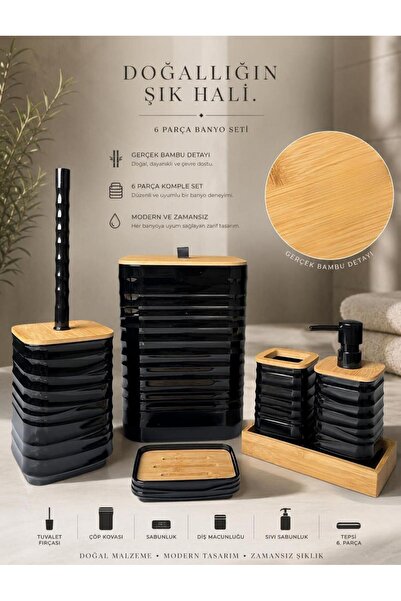 Okyanus Home Set de baie Luna Black Real Bamboo Detailed 7LT cu 6 piese și tavă
