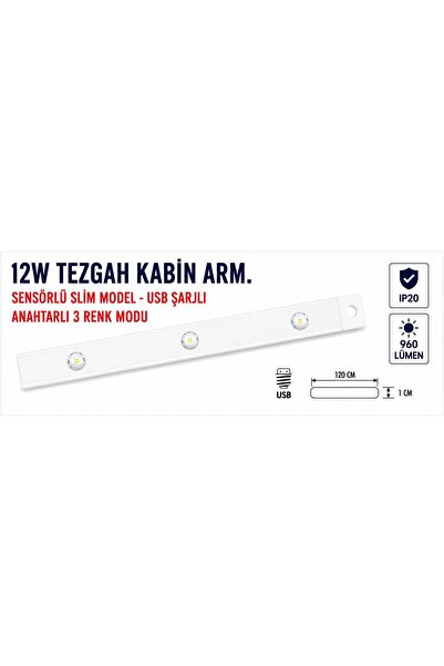 Lampist 120Cm Beyaz 12W 3 Renk Usb Şarjlı Pilli Sensörlü Armatür